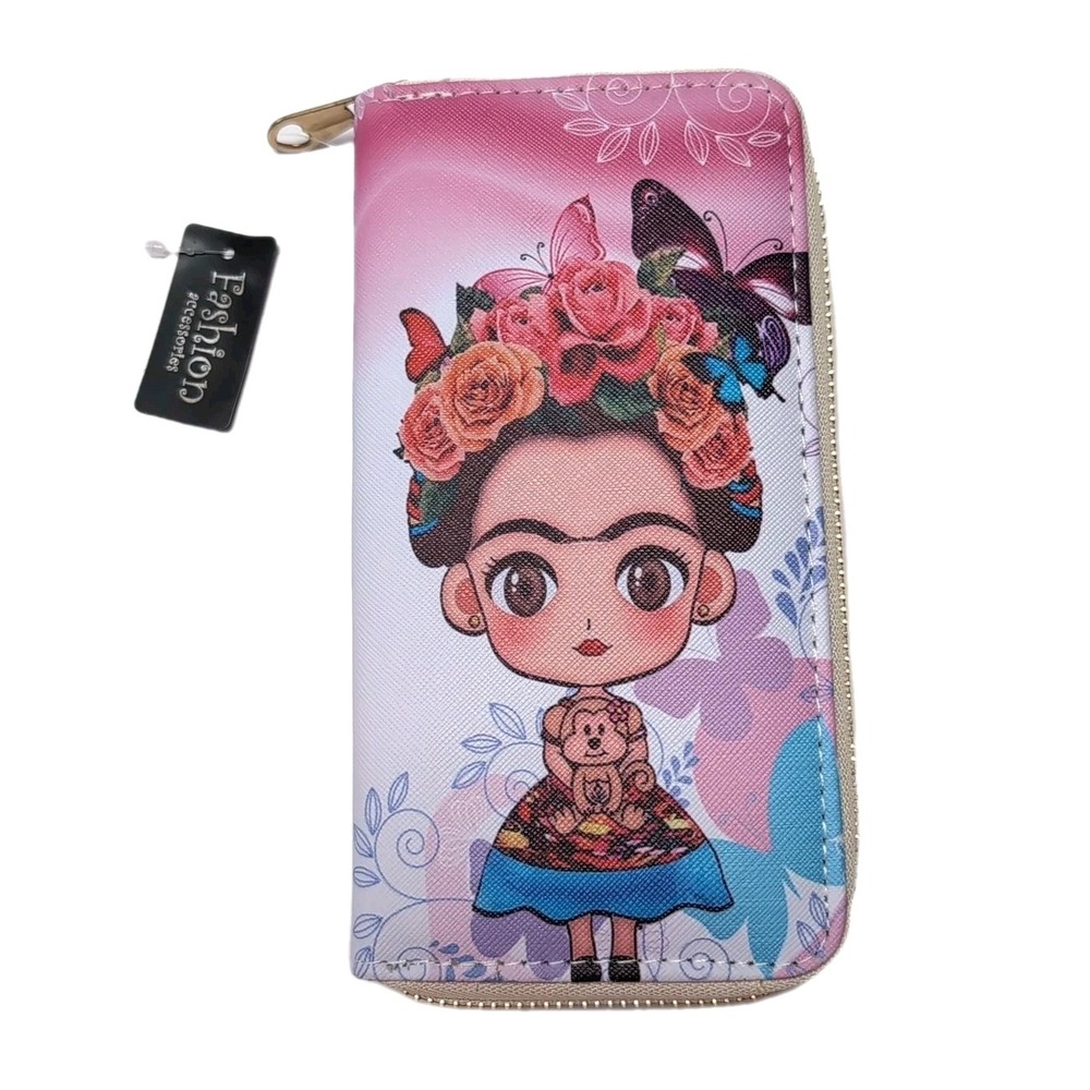 Frida Kahlo Zip Around Wallet 7.5 x 4 inch Portrait Monkey Butterflies‎ NEW NWT